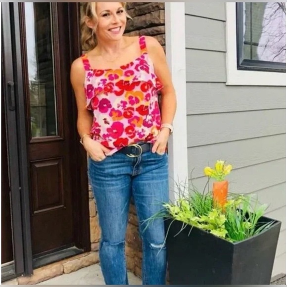 Cabi Style #5602 Woman Footloose Pansies Ruffle Floral Pink Cami Tank Top - M - Picture 2 of 10